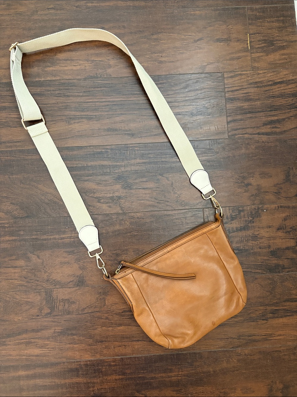 Fossil Tan Leather Crossbody with Cream Wide Strap